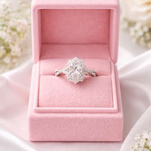 Halo & Grace Jewelry - Sterling Silver Oval Moissanite Engagement Ring 1CT Halo Twist Design size 5